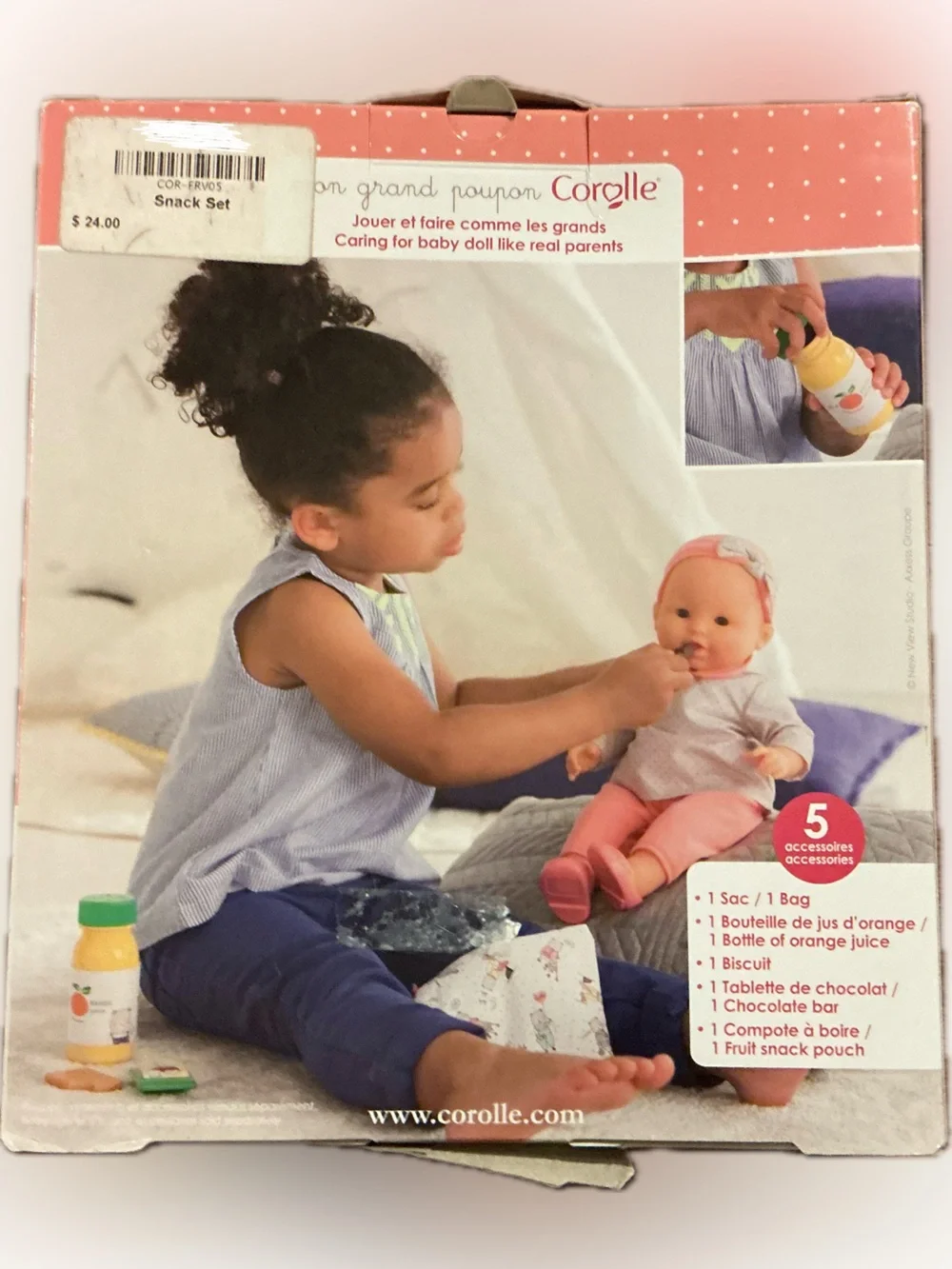 Corolle Baby Doll Snack Set in Green and Pink with Cloth Bag
